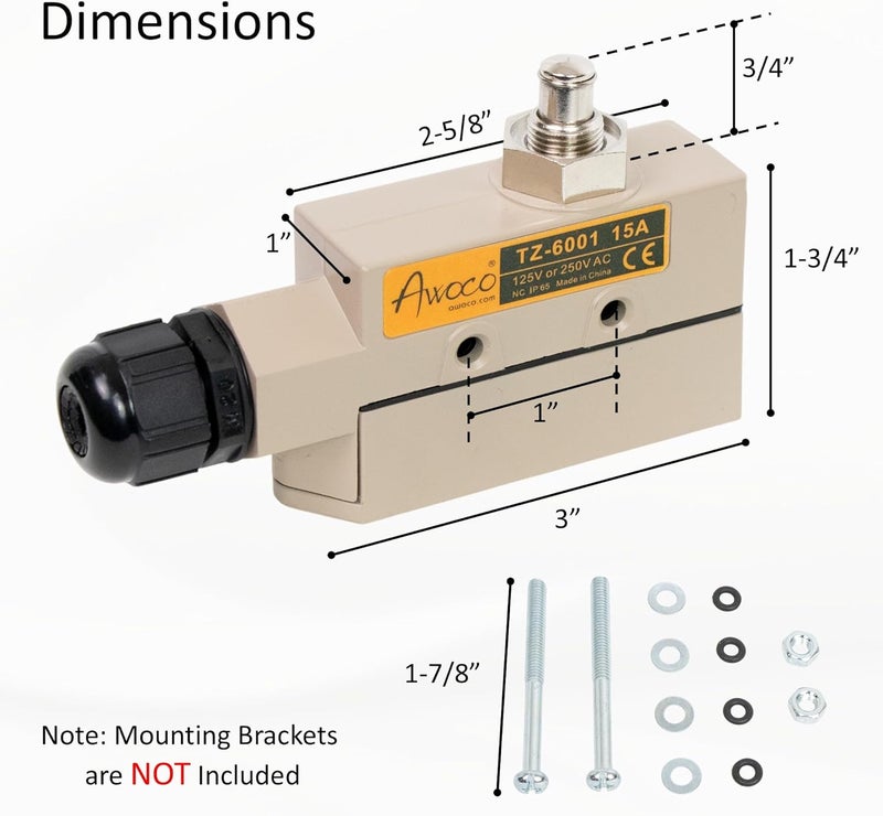Awoco Heavy Duty Commercial Plunger Door Micro Switch for Air Curtains, 250V 15A IP 65 Limit Switch Type NO and Type NC (TZ-6001-15A) - Image 3